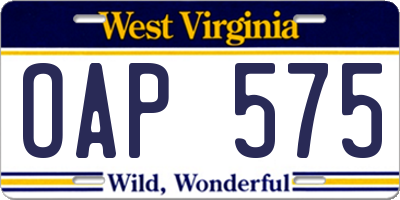 WV license plate OAP575