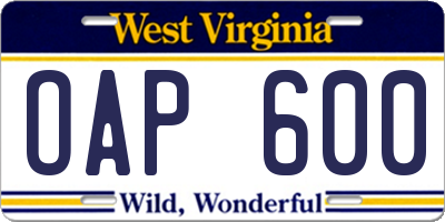 WV license plate OAP600