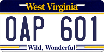WV license plate OAP601