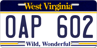 WV license plate OAP602
