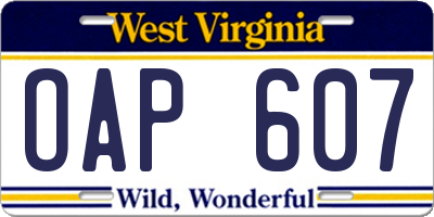 WV license plate OAP607