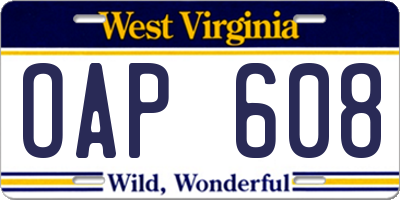 WV license plate OAP608