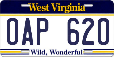 WV license plate OAP620