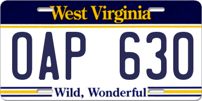 WV license plate OAP630