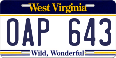WV license plate OAP643