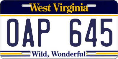 WV license plate OAP645