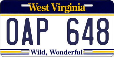 WV license plate OAP648