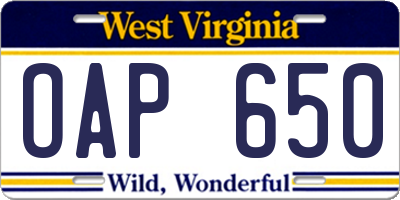 WV license plate OAP650