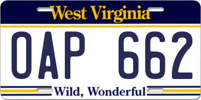 WV license plate OAP662