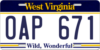 WV license plate OAP671