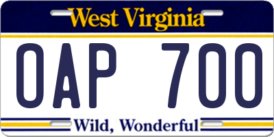 WV license plate OAP700