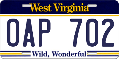 WV license plate OAP702