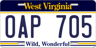 WV license plate OAP705