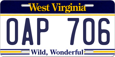 WV license plate OAP706