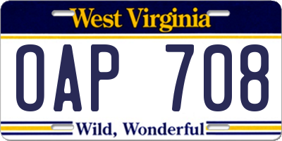 WV license plate OAP708
