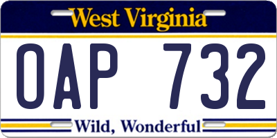 WV license plate OAP732