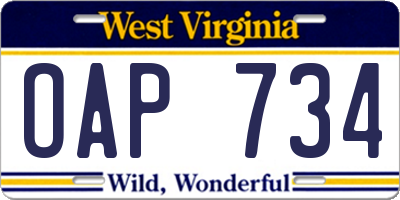 WV license plate OAP734