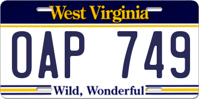 WV license plate OAP749