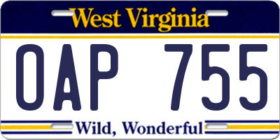 WV license plate OAP755