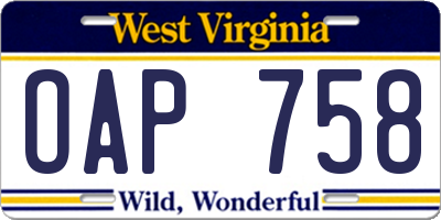 WV license plate OAP758