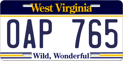 WV license plate OAP765