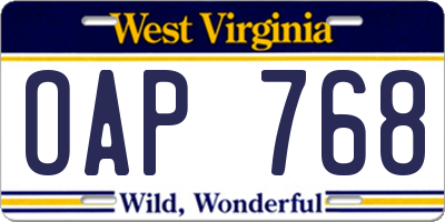 WV license plate OAP768
