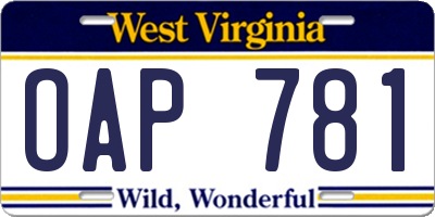 WV license plate OAP781