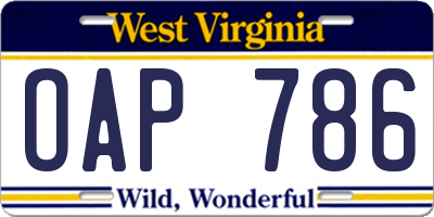 WV license plate OAP786