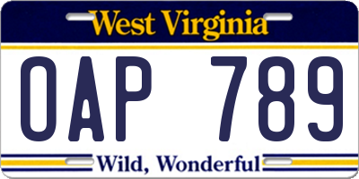 WV license plate OAP789