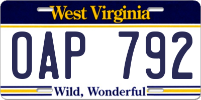 WV license plate OAP792