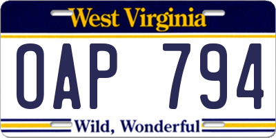 WV license plate OAP794