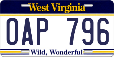 WV license plate OAP796