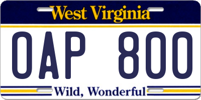 WV license plate OAP800