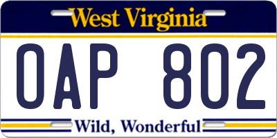 WV license plate OAP802