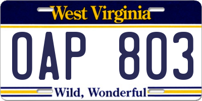WV license plate OAP803