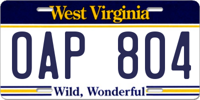 WV license plate OAP804