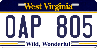 WV license plate OAP805