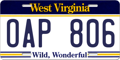 WV license plate OAP806