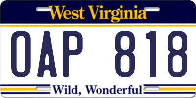 WV license plate OAP818