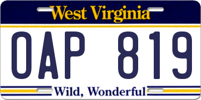 WV license plate OAP819