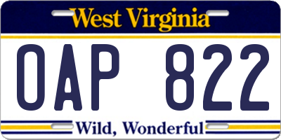 WV license plate OAP822