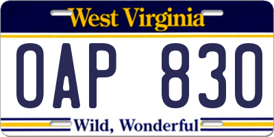 WV license plate OAP830