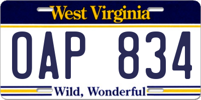 WV license plate OAP834