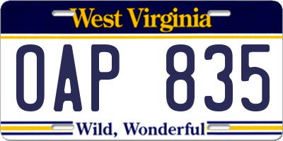 WV license plate OAP835
