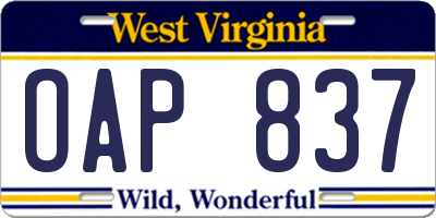 WV license plate OAP837