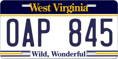 WV license plate OAP845