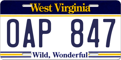 WV license plate OAP847