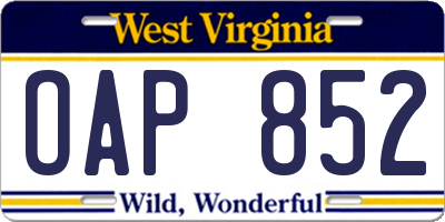 WV license plate OAP852