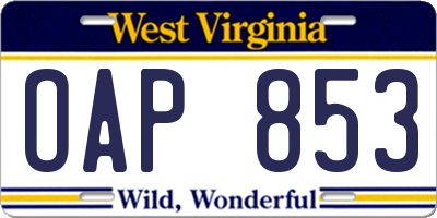 WV license plate OAP853