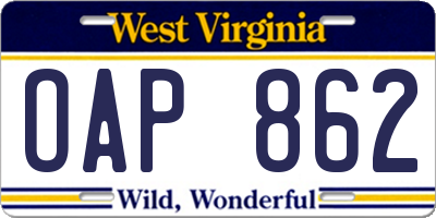 WV license plate OAP862